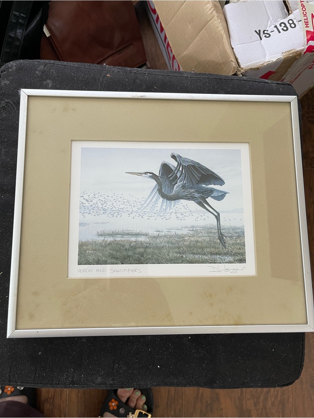 Framed Heron and Sandpipers Wall Art - Beige Mat